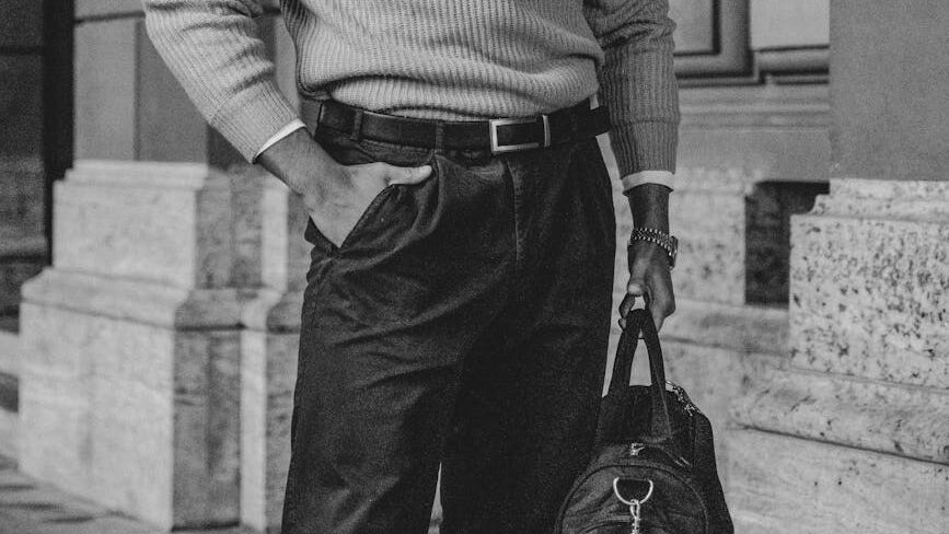 black and white portrait of man with bag